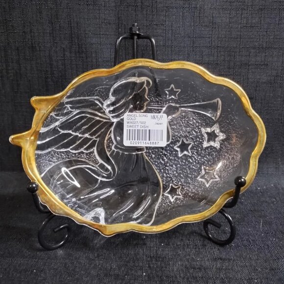 Vintage MIKASA Holiday Angel Song Gold Trim Clear Glass 6" Trinket Candy Dish - Picture 2 of 6